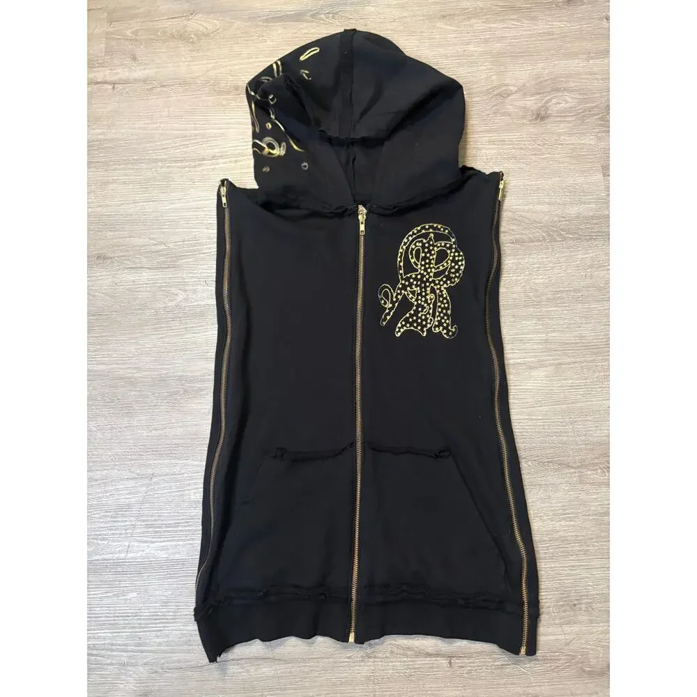 Vintage Y2K Men's Retribution Sleeveless‎ Full Zip Hoodie M Gold Rocker Glam